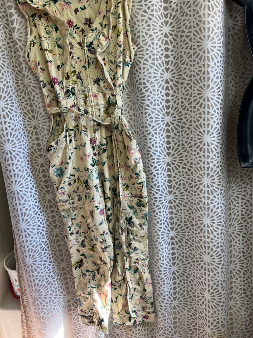 Anthropologie Cream Floral Maxi Jumpsuit with Ruffle V-Neck